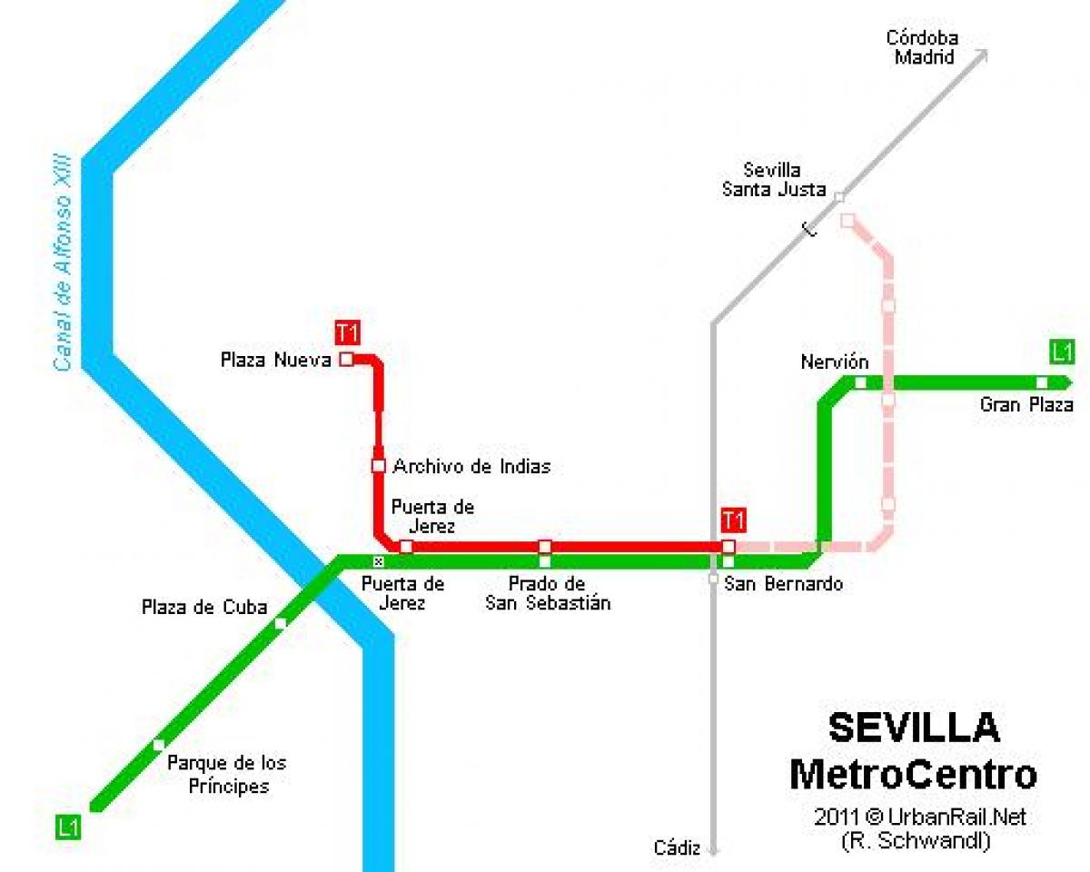 kartta Sevillan raitiovaunu