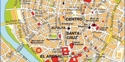 Sevillan espanja kartta nähtävyyksiä